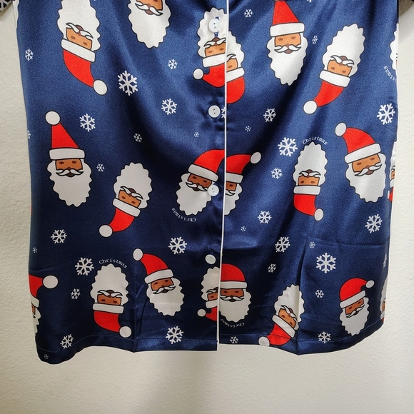 NWOT Ekouaer Navy Blue Santa Claus Print Satin Pajama Set Blouse & Shorts Sz S - Picture 6 of 15